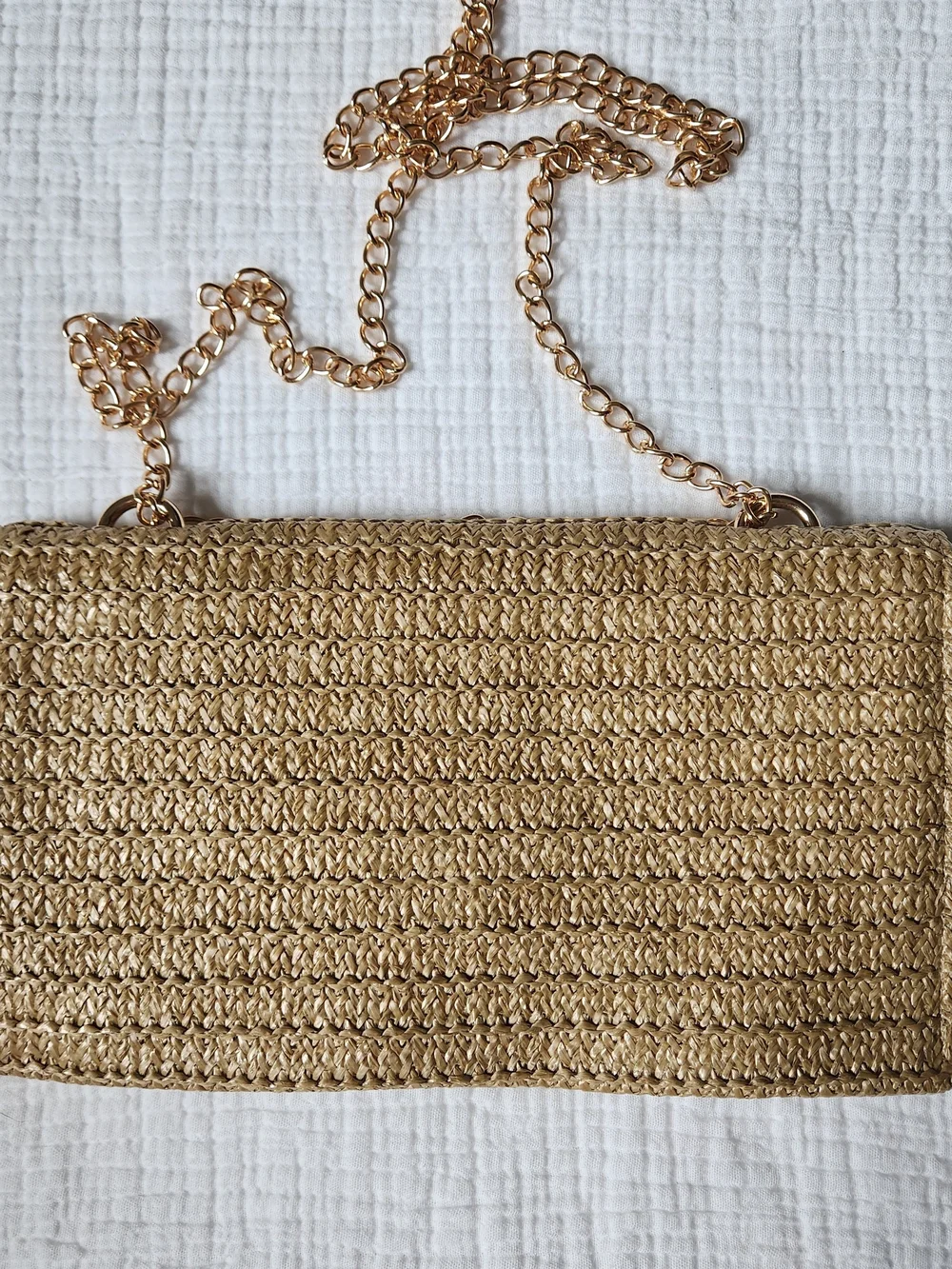 Woven Envelope Clutch With Gold Chain And Geometric Closure